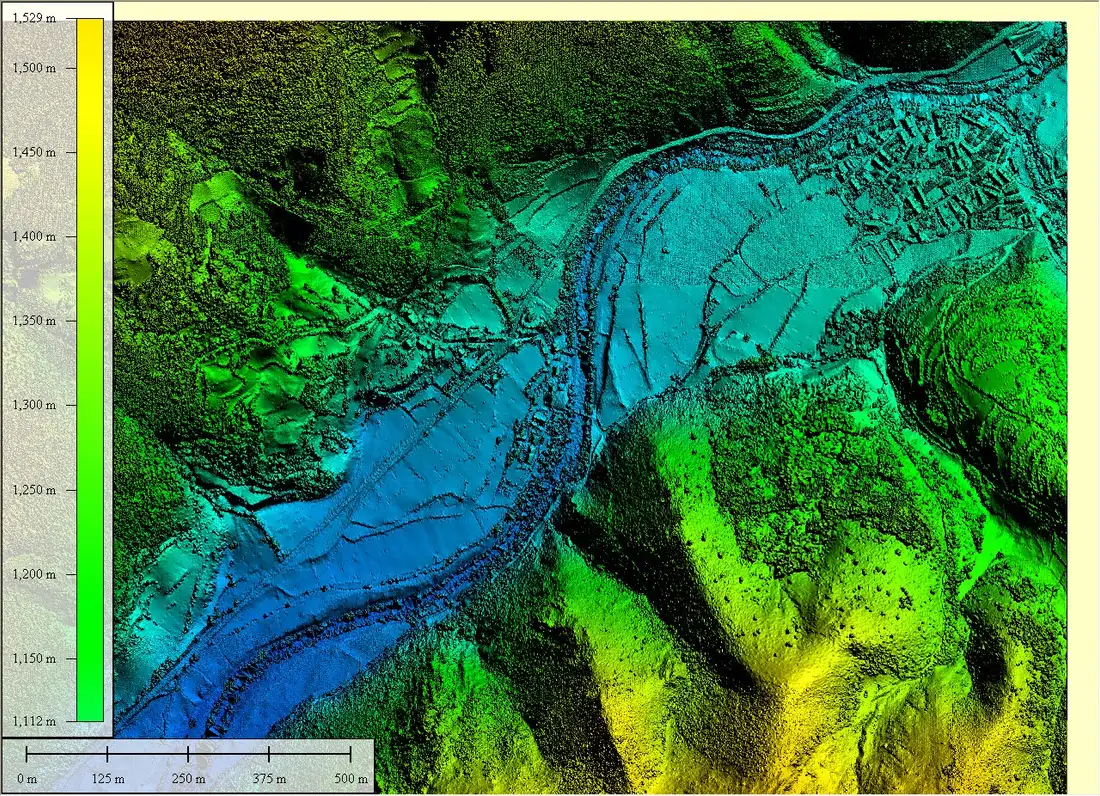Nube de puntos LiDAR de un valle coloreada por elevación