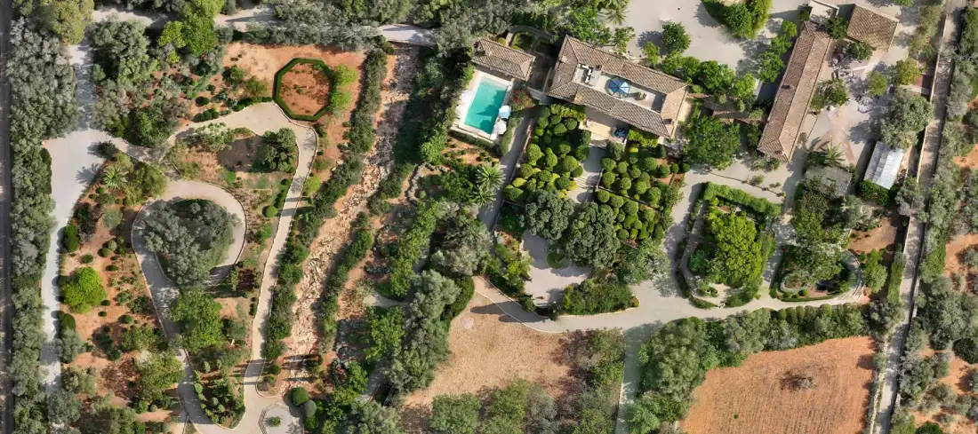 Ortomosaico de una finca con parcelas, caminos y arbolado