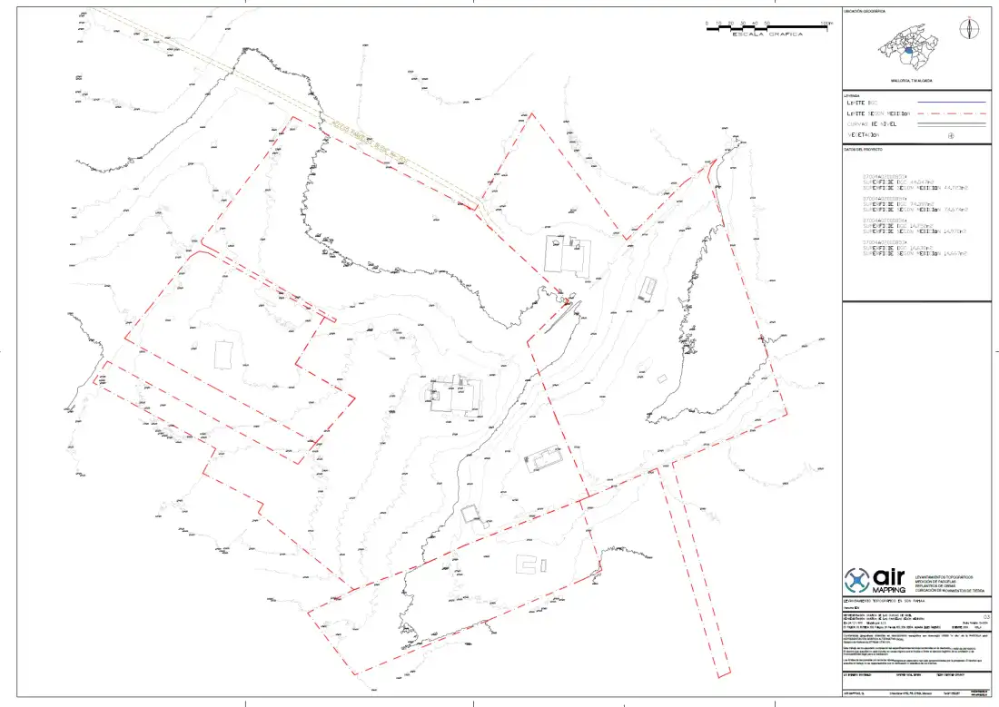 Plano topográfico con curvas de nivel y cuadro de datos